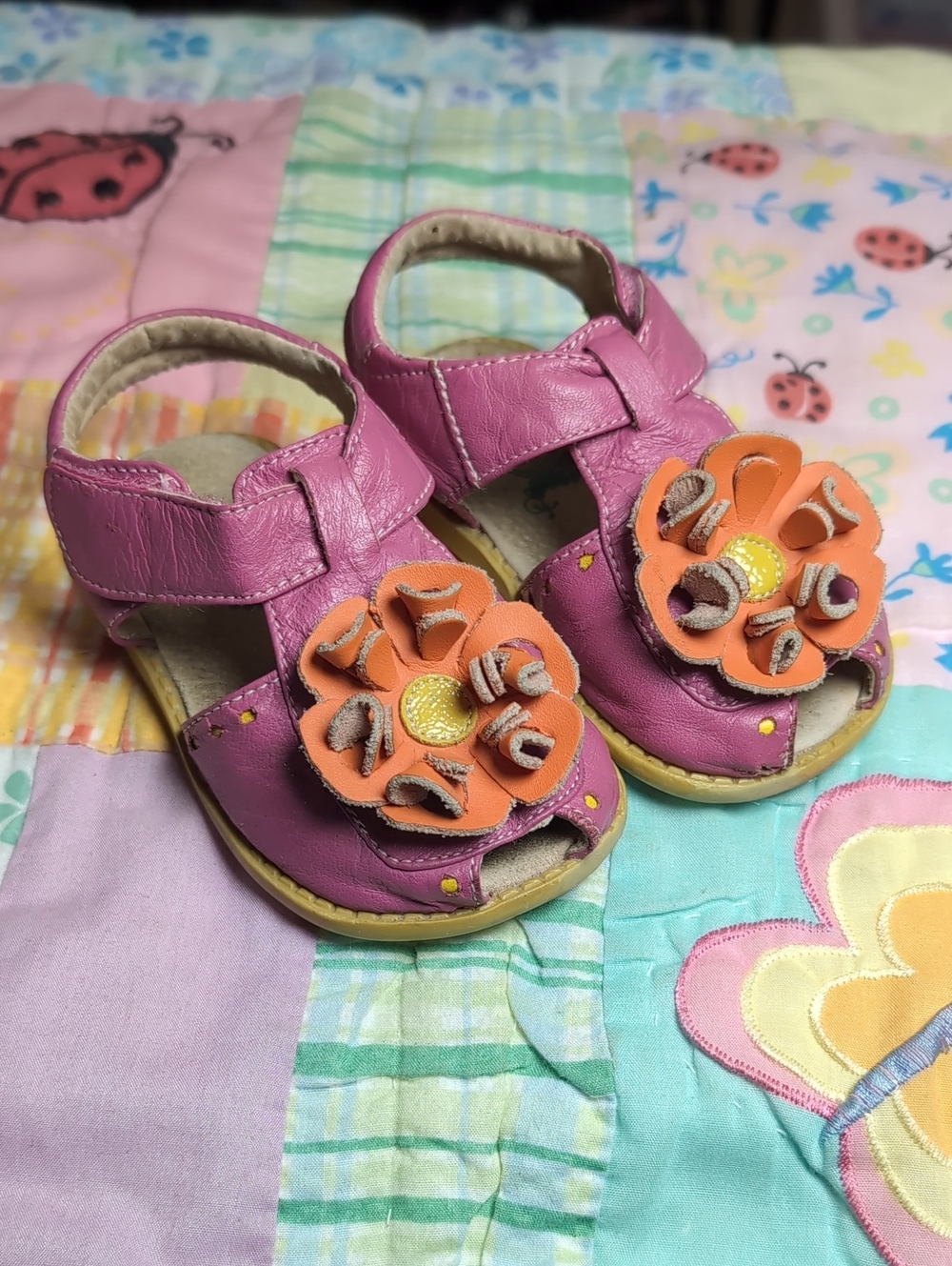 Livie & Luca Pink Leather Peep Toe Sandals with Orange Flower Accents Size 5